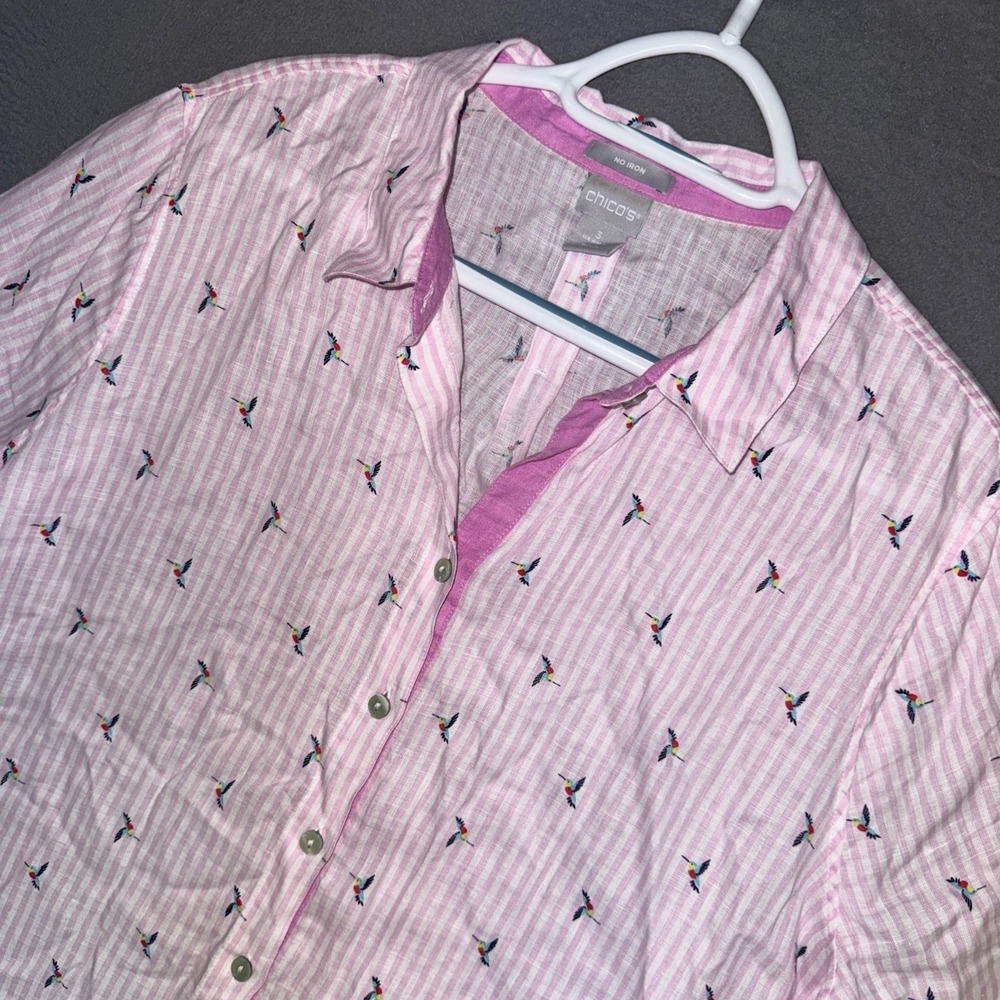 Chicos Shirt Womens 3 / 16 Pink Stripe Hummingbird Linen No Iron Button Down Top